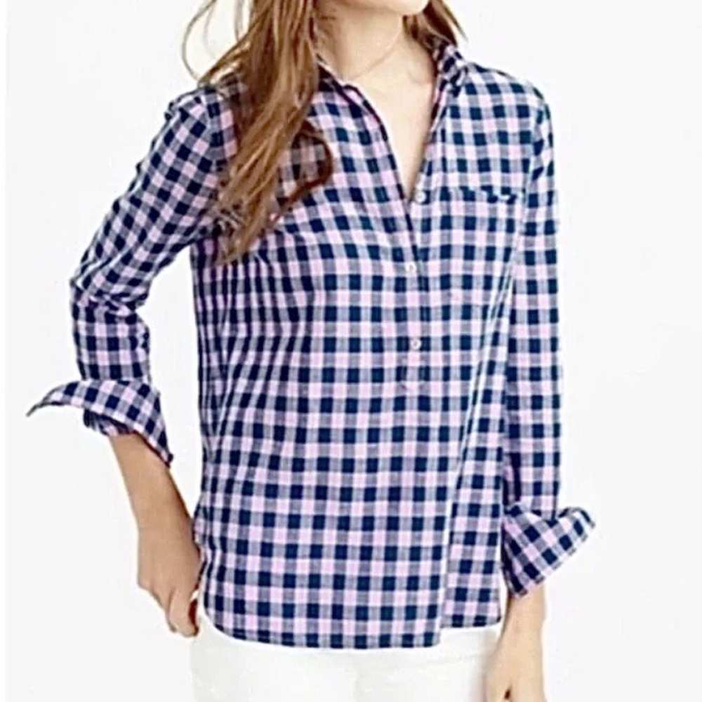 J.CREW GINGHAM CHECK SHIRT TUNIC 8 WOVEN COTTON HALF PLACKET LONG SLEEVE CASUAL